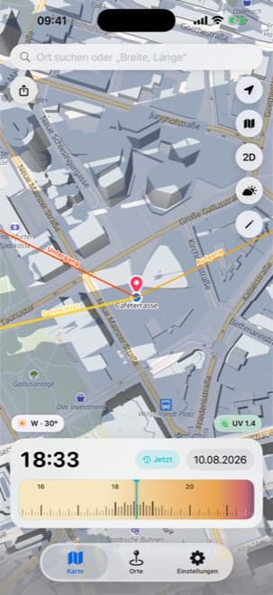 Shade Tracker iPhone App – Live-Schattenkarte mit Gebäude- und Baumschatten über einer Stadt in der aktuellen Minute