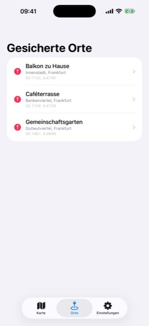 Shade Tracker iPhone App – Liste gespeicherter Orte mit benannten Standorten und ihren aufgelösten Adressen