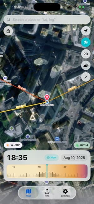 Shade Tracker iPhone app – Satellite view showing calculated shadows drawn over real aerial imagery