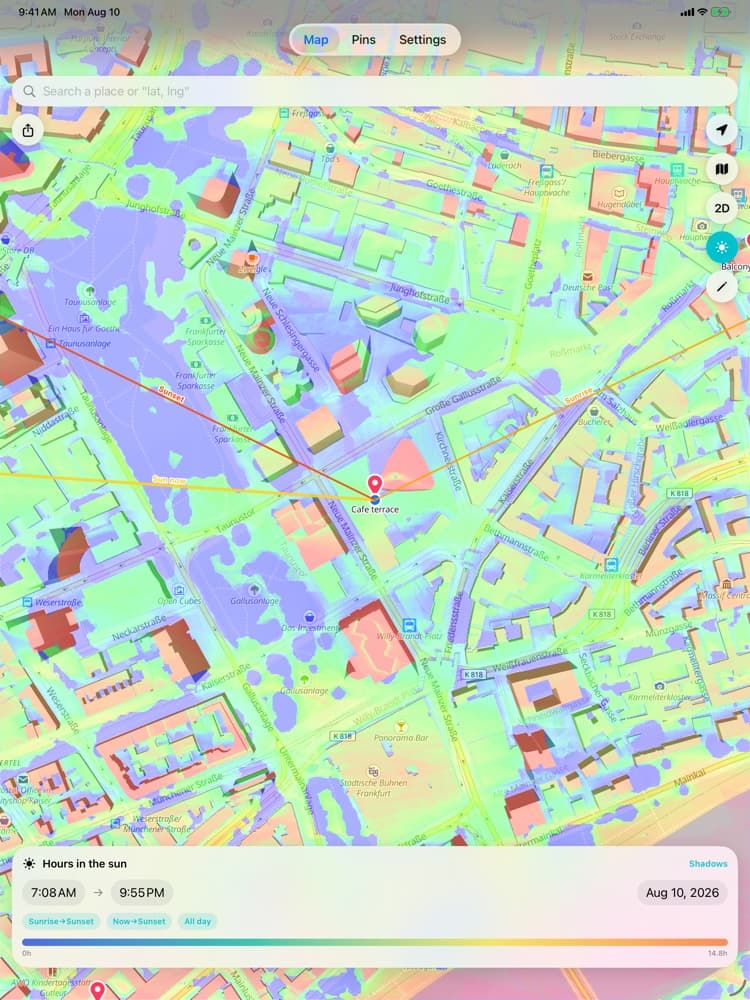 Shade Tracker iPad app – Hours of sun heat map showing how many hours of daily sunlight each spot receives