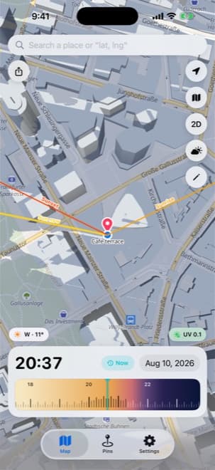 Shade Tracker iPhone app – Sun direction lines showing the current sun bearing plus sunrise and sunset arrows