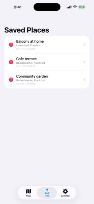Shade Tracker iPhone app – Saved places list showing named locations with their resolved addresses