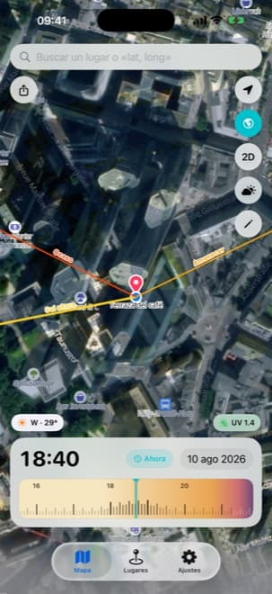 App Shade Tracker para iPhone – Vista de satélite mostrando las sombras calculadas dibujadas sobre imagen aérea real