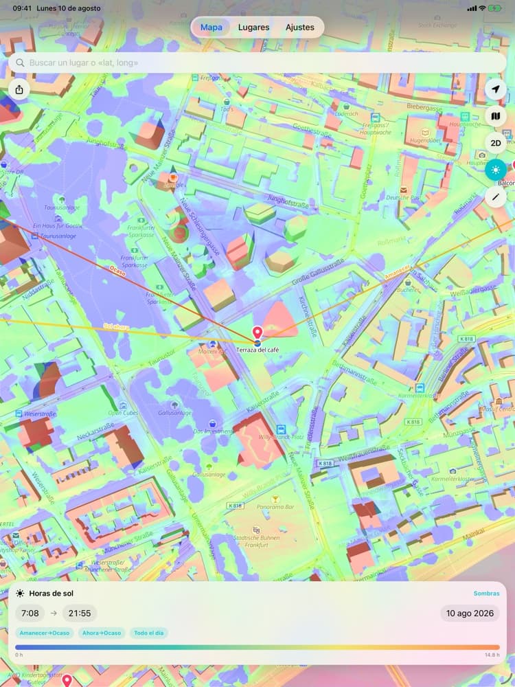 App Shade Tracker para iPad – Mapa de calor de horas de sol mostrando cuántas horas de luz diaria recibe cada punto