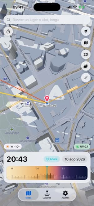 App Shade Tracker para iPhone – Líneas de dirección del sol mostrando el azimut actual junto a las flechas de amanecer y atardecer