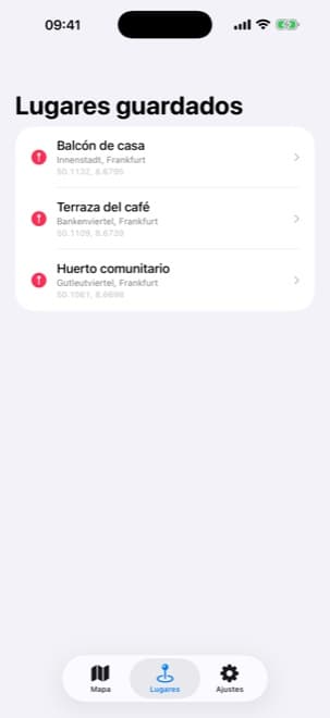 App Shade Tracker para iPhone – Lista de lugares guardados con ubicaciones nombradas y sus direcciones resueltas