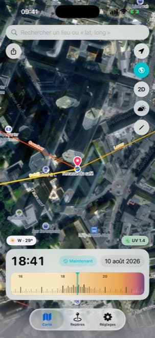 Application Shade Tracker iPhone – Vue satellite montrant les ombres calculées tracées sur une imagerie aérienne réelle