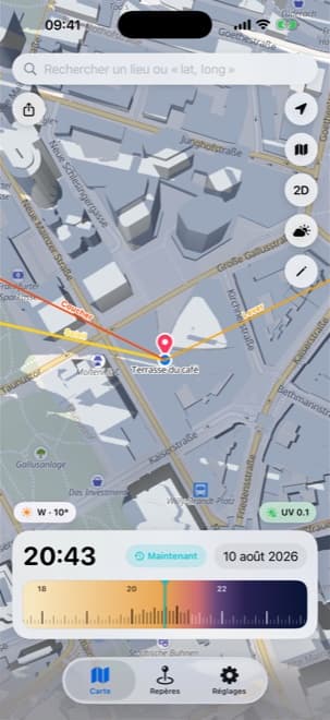 Application Shade Tracker iPhone – Lignes de direction du soleil montrant l’azimut actuel ainsi que les flèches de lever et de coucher