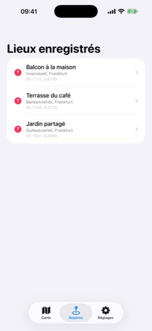 Application Shade Tracker iPhone – Liste des lieux enregistrés avec les emplacements nommés et leurs adresses résolues