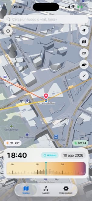 App Shade Tracker per iPhone – Mappa delle ombre in tempo reale con le ombre di edifici e alberi su una città al minuto corrente