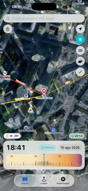 App Shade Tracker per iPhone – Vista satellite con le ombre calcolate disegnate sopra immagini aeree reali