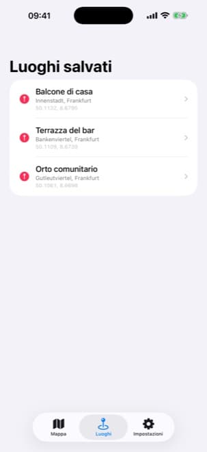 App Shade Tracker per iPhone – Elenco dei luoghi salvati con le posizioni nominate e i relativi indirizzi risolti