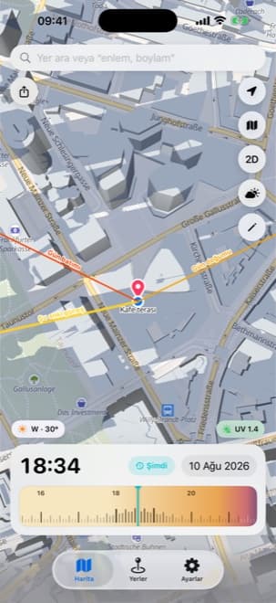 Shade Tracker iPhone uygulaması – Canlı gölge haritası, şehir genelinde bina ve ağaç gölgelerini o dakikada gösteriyor
