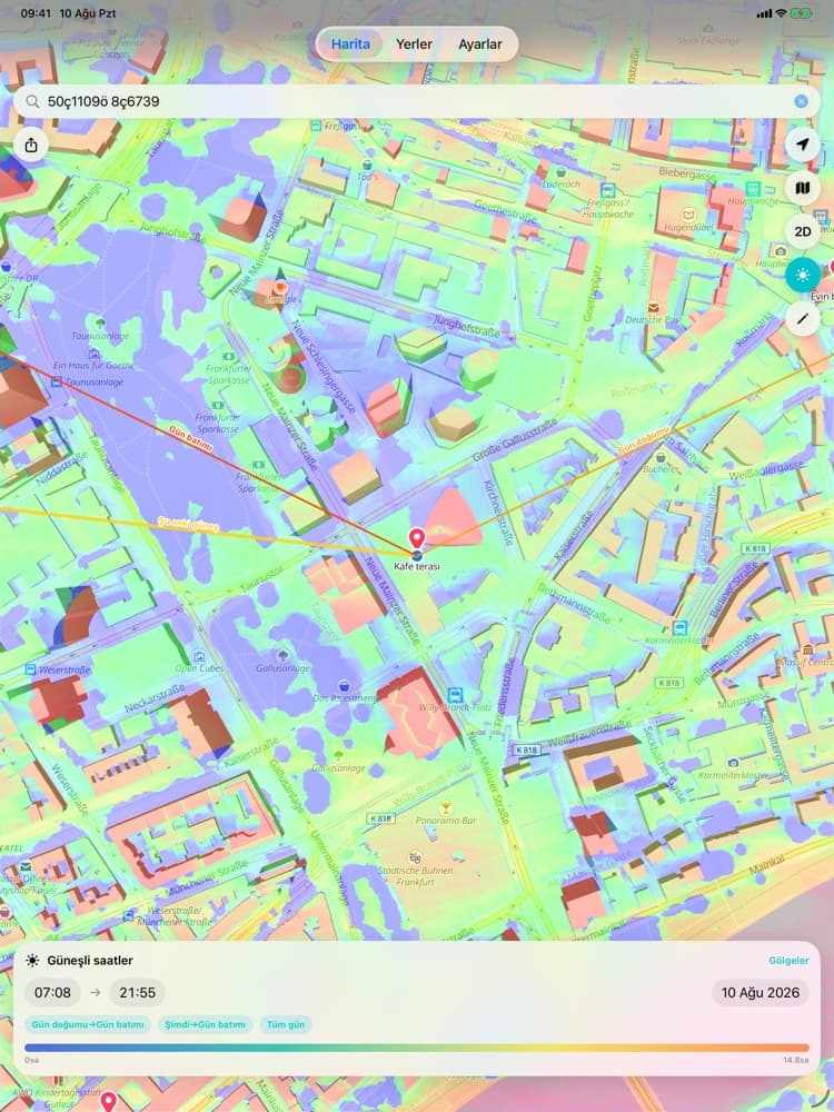 Shade Tracker iPad uygulaması – Güneşlenme ısı haritası, her noktanın günde kaç saat güneş aldığını gösteriyor